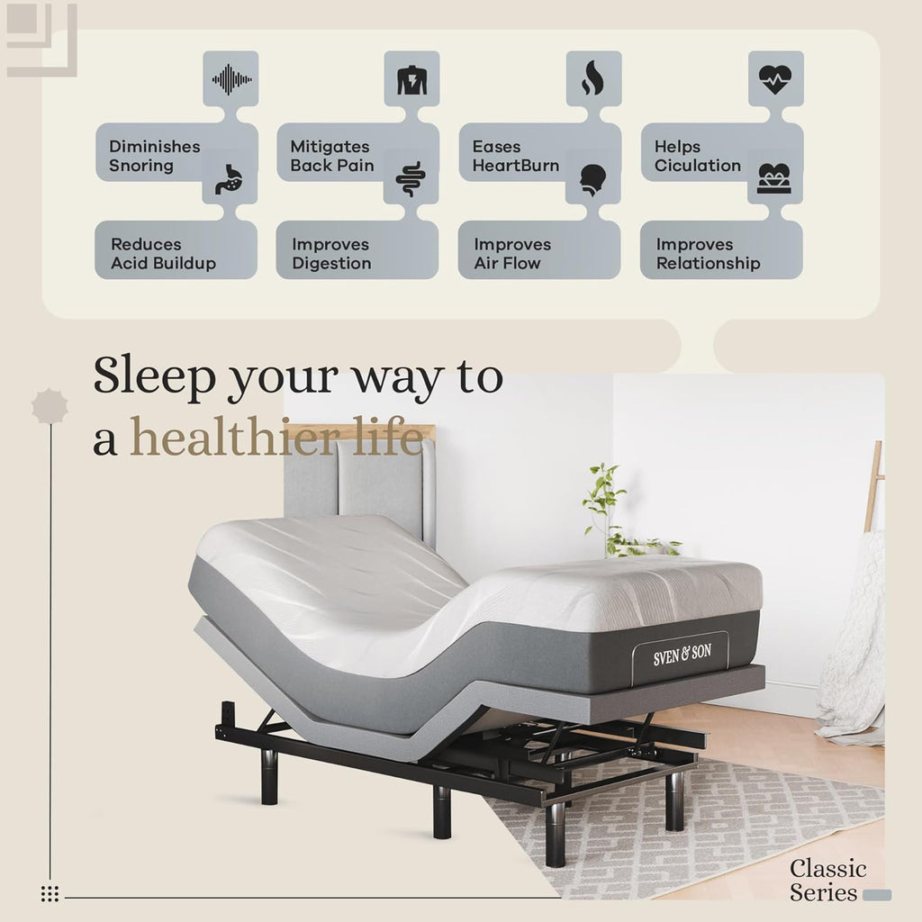 Twin XL Adjustable Bed Base Frame + 14” Luxury Cool Gel Memory Foam Hybrid Mattress, Head up Foot Up, USB Ports, Zero Gravity, Interactive Dual Massage, Wireless, Classic (Twin XL)