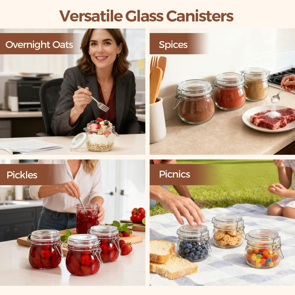 Airtight Glass Canister Set of 6 with Lids 17Oz Food Storage Jar round - Storage Container with Clear Preserving Seal Wire Clip Fastening for Kitchen Canning Cereal,Pasta,Sugar,Beans,Spice