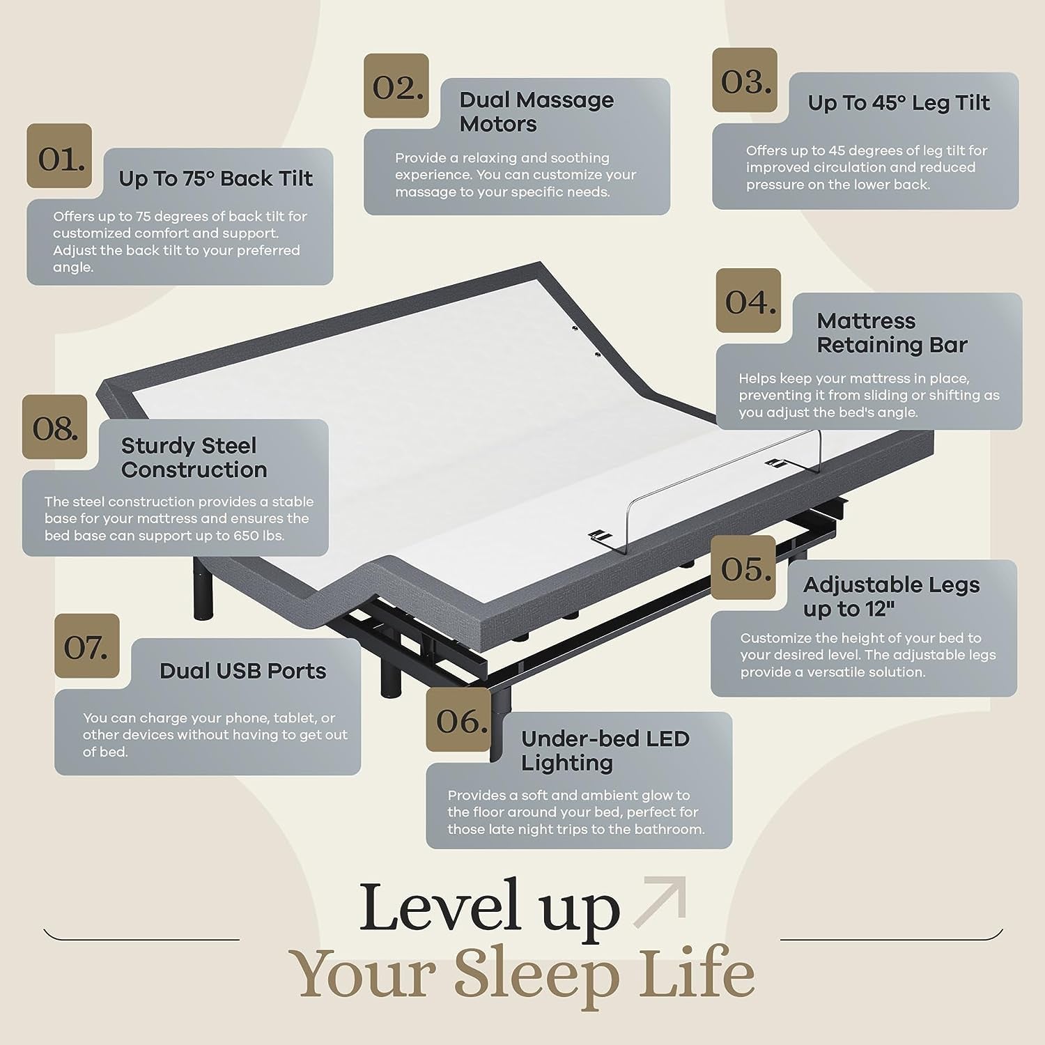 King Adjustable Bed Base Frame 5 Minute Assembly, Head & Foot Articulation, USB Ports, Zero Gravity, Interactive Dual Massage, Wireless, Classic (King)