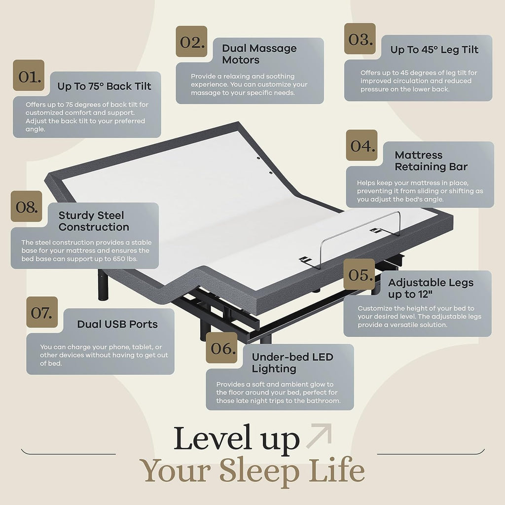 Queen Adjustable Bed Base Frame + 14” Luxury Cool Gel Memory Foam Hybrid Mattress, Head up Foot Up, USB Ports, Zero Gravity, Interactive Dual Massage, Wireless, Classic (Queen)