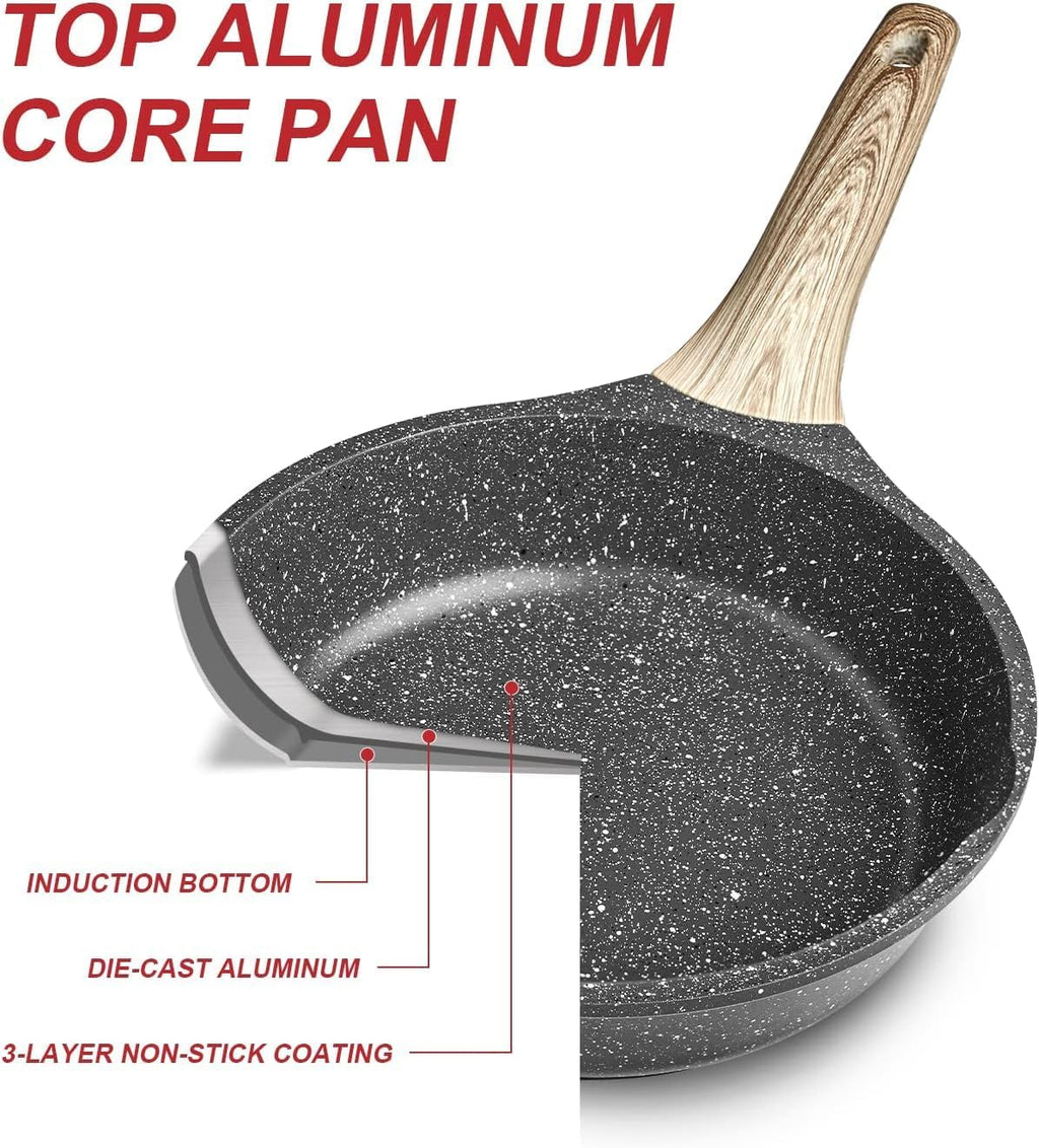Nonstick Pan with Lid, Nonstick Stone Frying Pan, Best Nonstick Omelette Skillet with Soft Touch Handle, Induction Compatible(9.5 Inch with Lid)