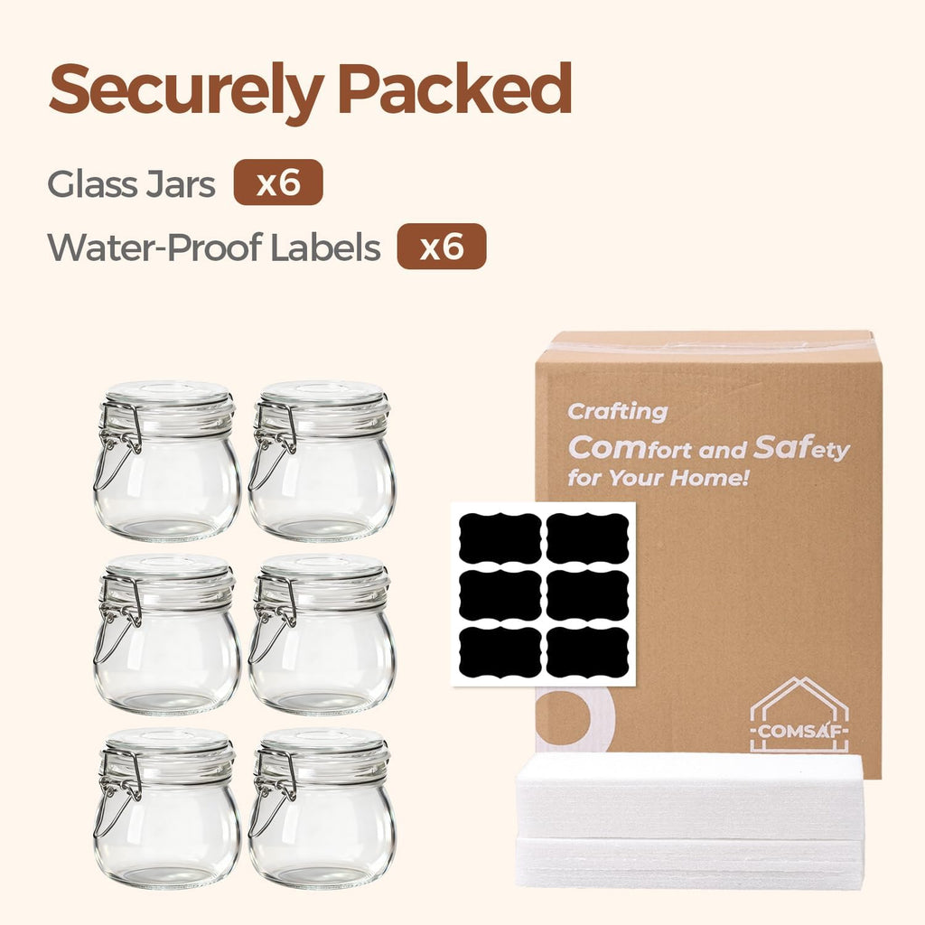 Airtight Glass Canister Set of 6 with Lids 17Oz Food Storage Jar round - Storage Container with Clear Preserving Seal Wire Clip Fastening for Kitchen Canning Cereal,Pasta,Sugar,Beans,Spice