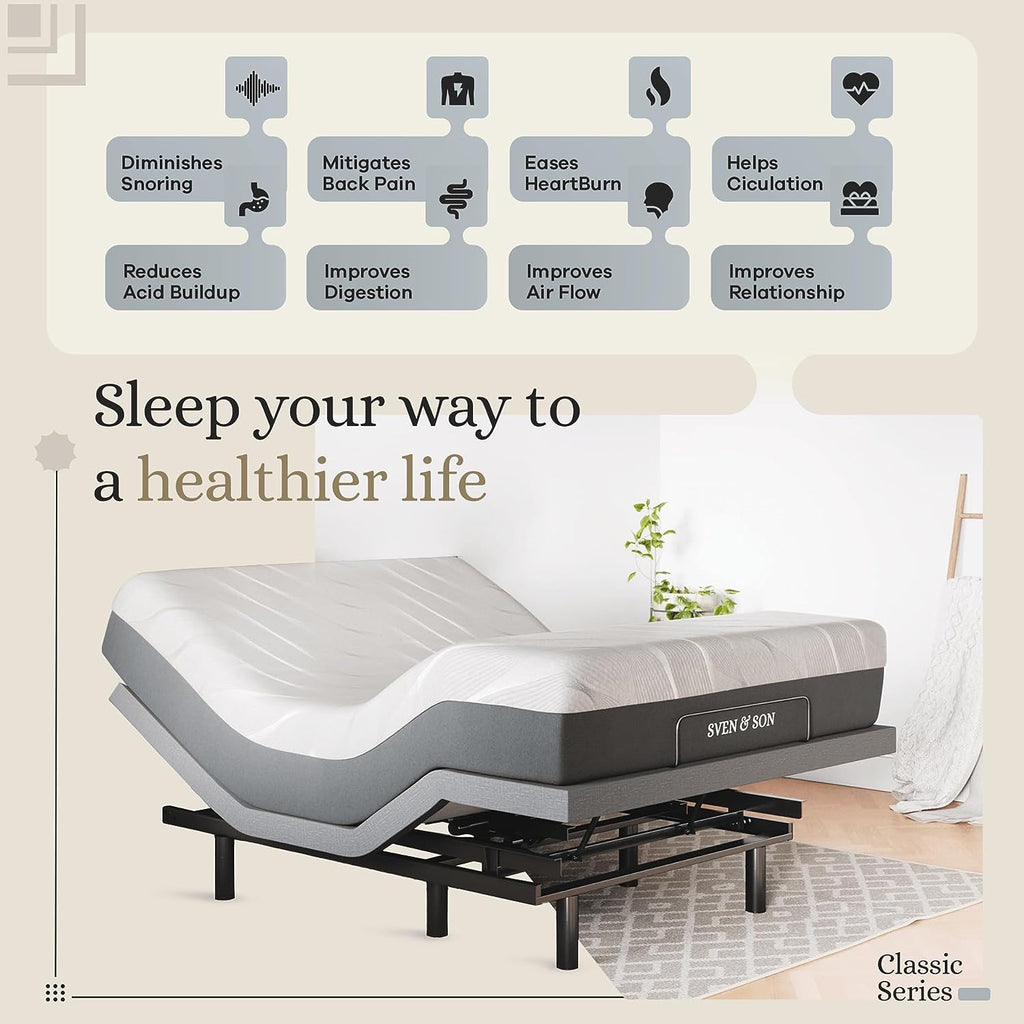 Queen Adjustable Bed Base Frame + 14” Luxury Cool Gel Memory Foam Hybrid Mattress, Head up Foot Up, USB Ports, Zero Gravity, Interactive Dual Massage, Wireless, Classic (Queen)